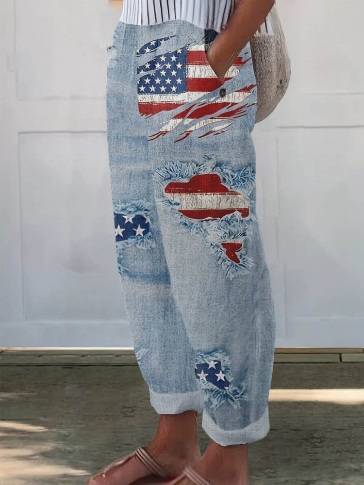Women's Independence Day Art Pattern Print Cotton And Linen Casual Pants 24e6
