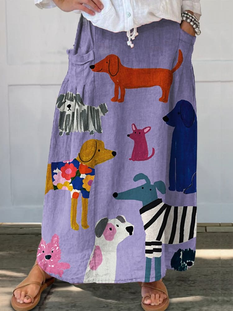 Women's Dog Art Print Linen Pocket Skirt 4fb8