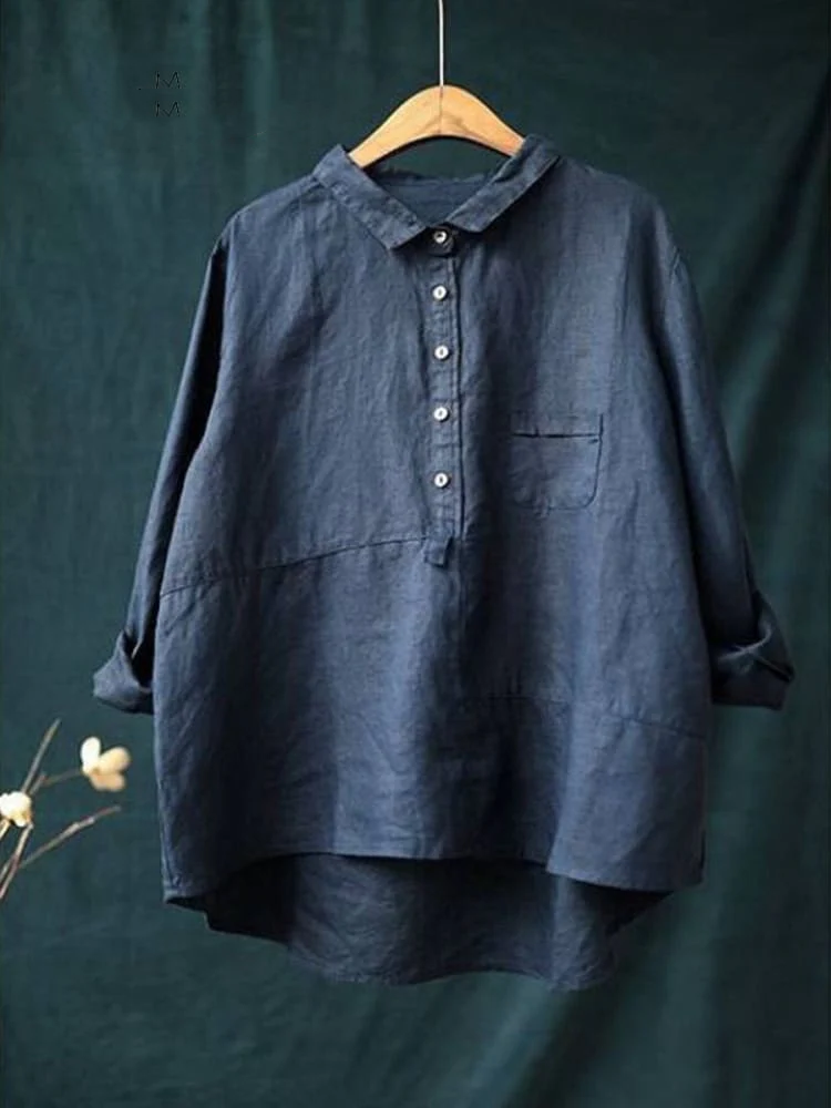Women's Lapel Neck Casual Solid Colour Cotton And Linen Long Sleeve Shirt 120a