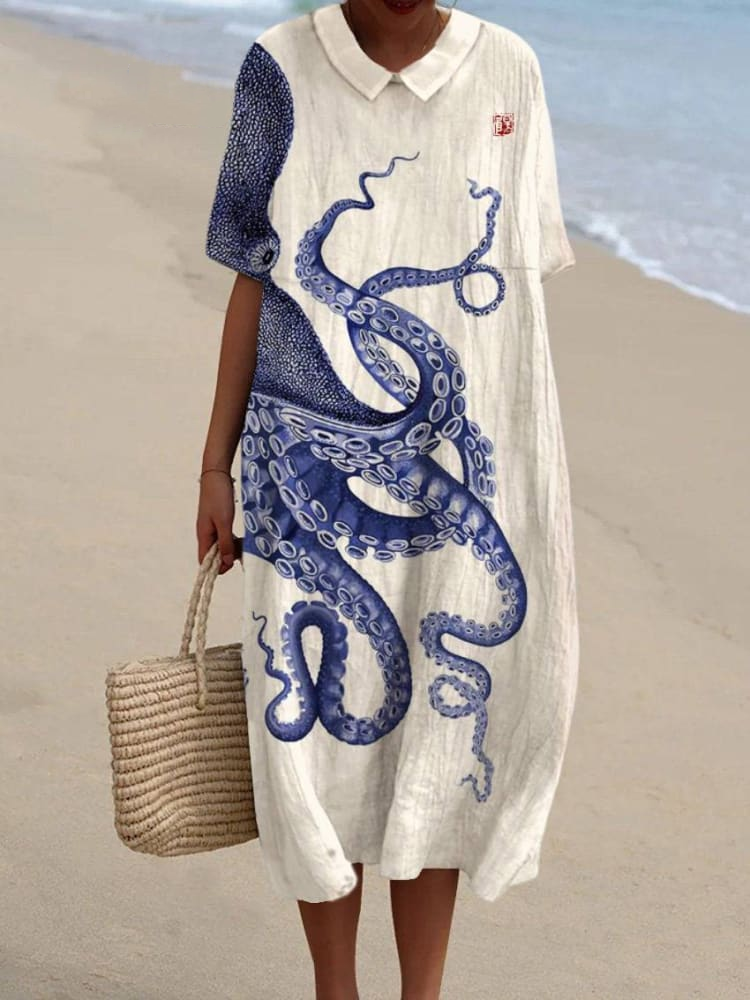 Women's Japanese Octopus Art Pocket Linen Dress(Convertible Dress With Front And Back Option) 36d2