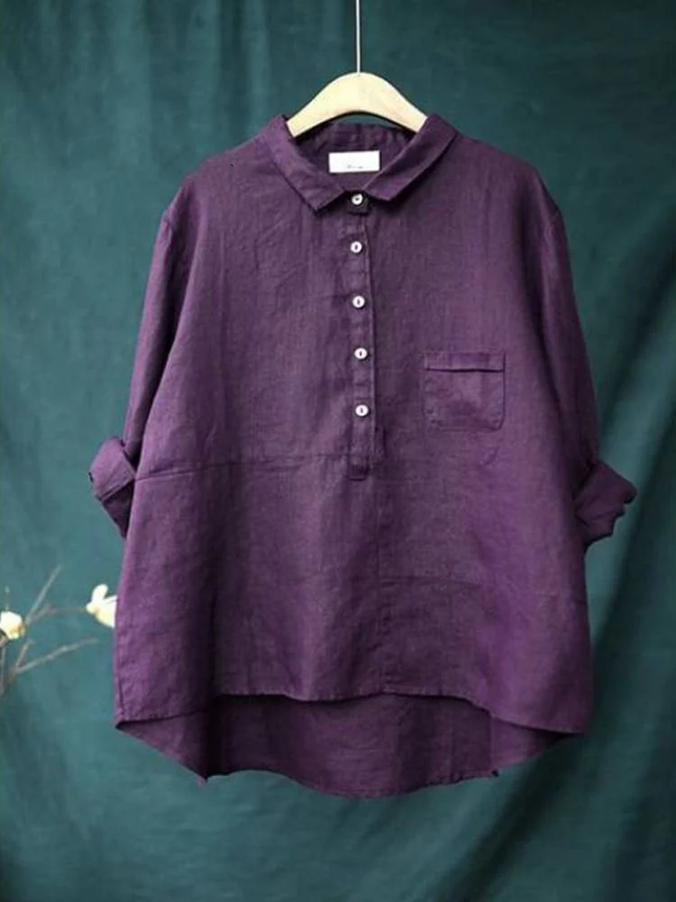 Women's Lapel Neck Casual Solid Colour Cotton And Linen Long Sleeve Shirt 120a